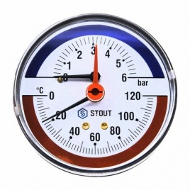 Термоманометр аксиальный (корпус Dn 80 мм, шкала 0-4 бар, 0-120°С, 1/2&quot;) с автоматическим запорным клапаном Stout