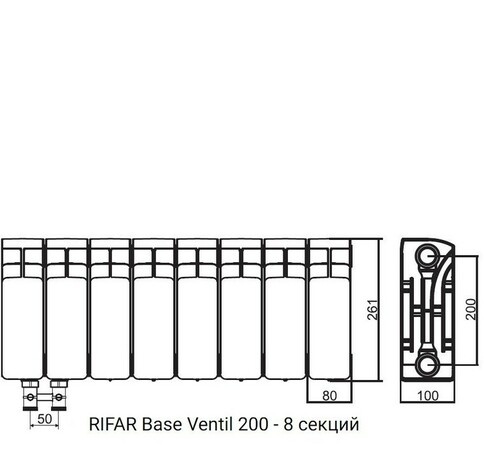 Биметалический радиатор Rifar Base Ventil 200 (левый) 8 секций фото 2 бла